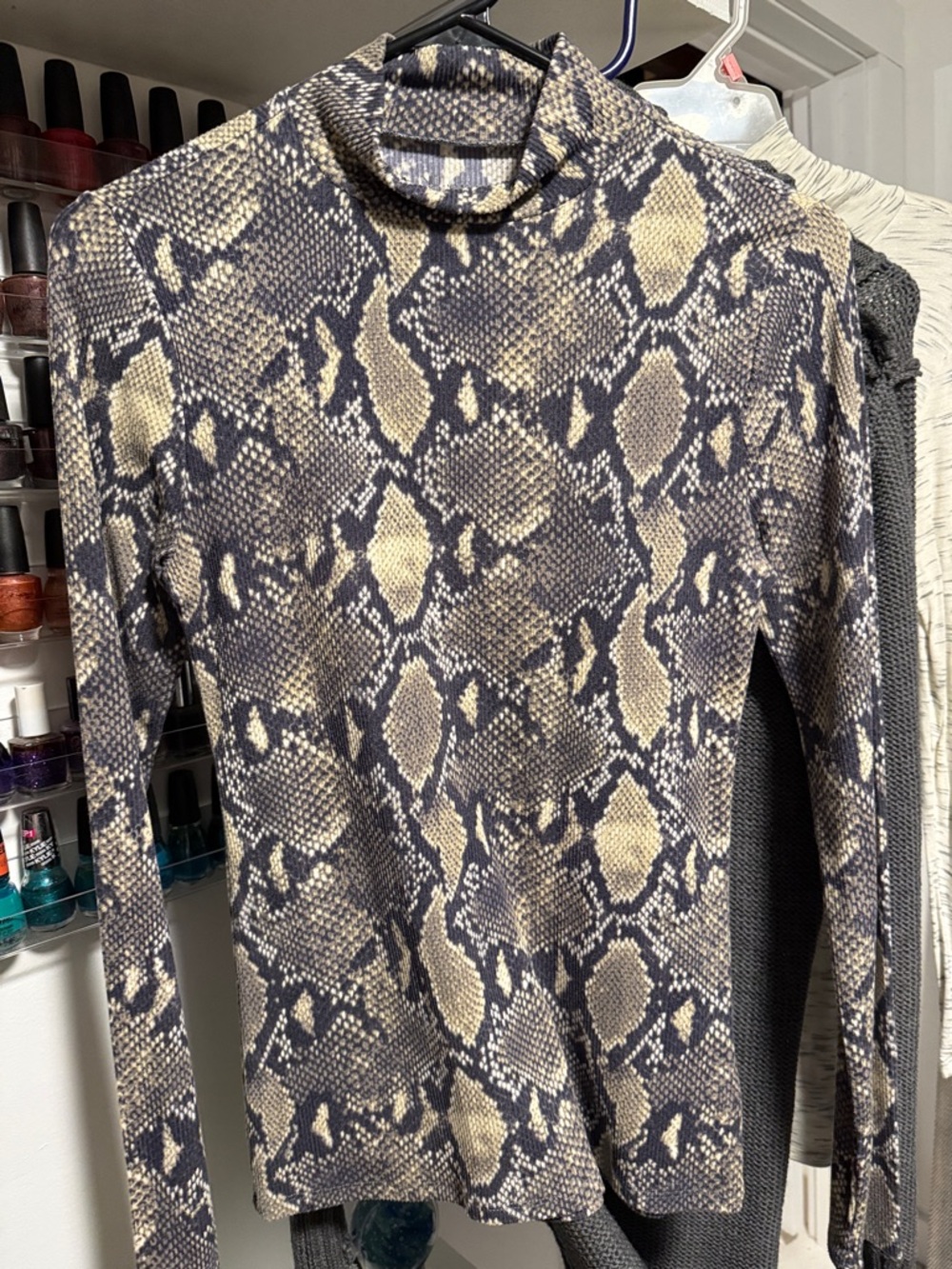 No Boundaries Snake Print Long Sleeve Mock Neck Top in Beige and Black